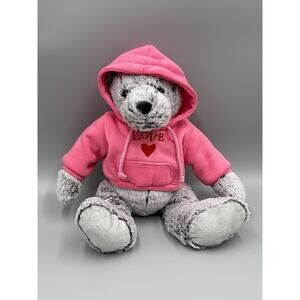 Frosted Gray Teddy Bear Plush In Pink Hoodie W/ Heart 12” Stuffed Animal